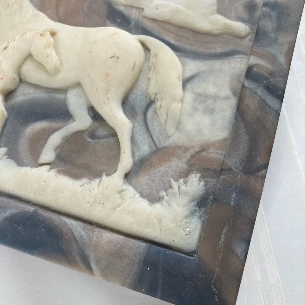 Incolay Stone Jewelry Box Vintage Dante Carved USA Made Horses American Walnut